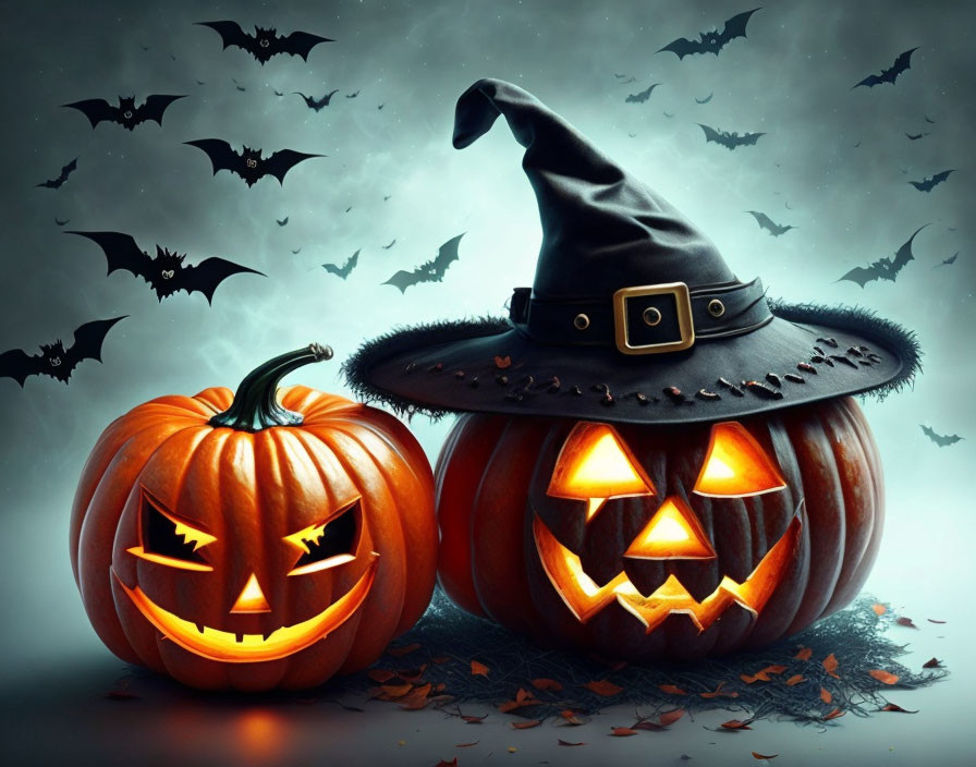 Carved Jack-o'-lanterns with Witch Hat, Bats, and Autumn Leaves for Halloween