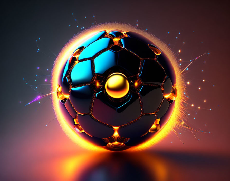 Futuristic glowing soccer ball with neon blue and gold trims