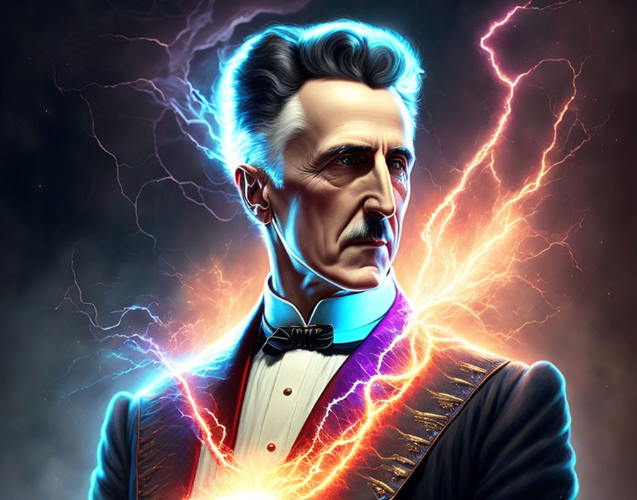 Man resembling Nikola Tesla in dramatic lightning scene.