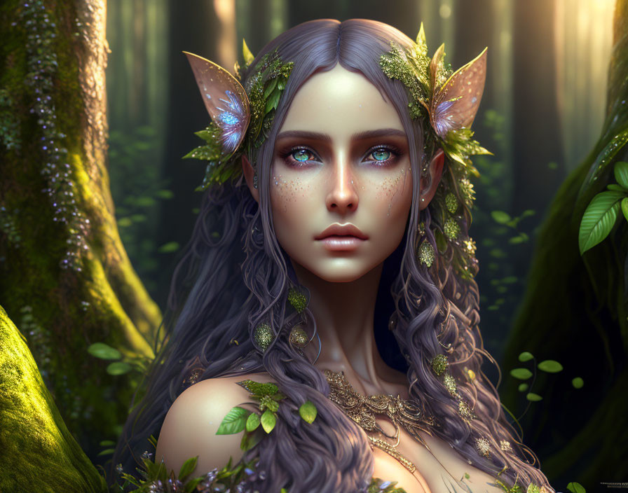 Fantasy elf digital art: pointy ears, nature jewelry, leaf headpieces, ethereal forest