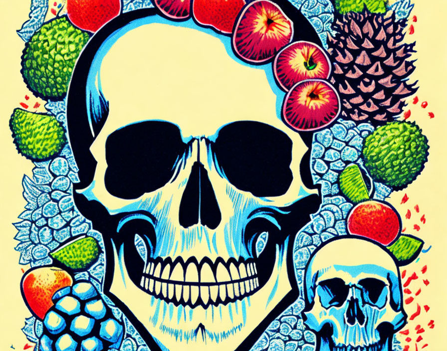 Colorful Tropical Fruits Surround Stylized Skull with Inner Silhouette