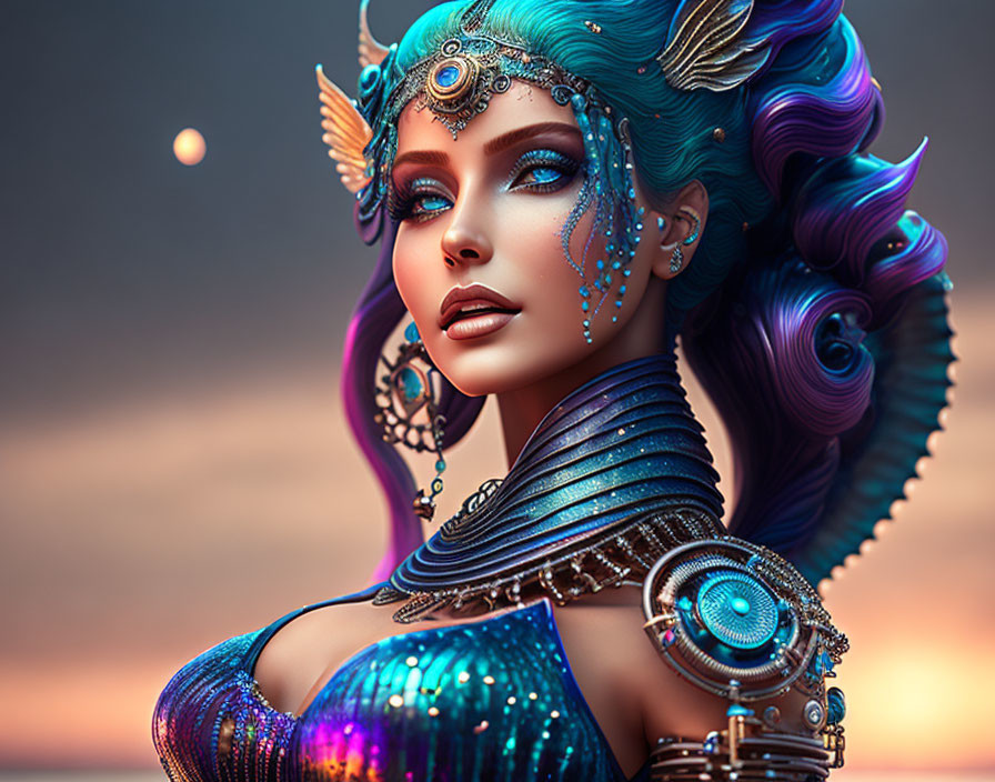 Blue-skinned female figure in ornate armor and headdress under sunset sky.