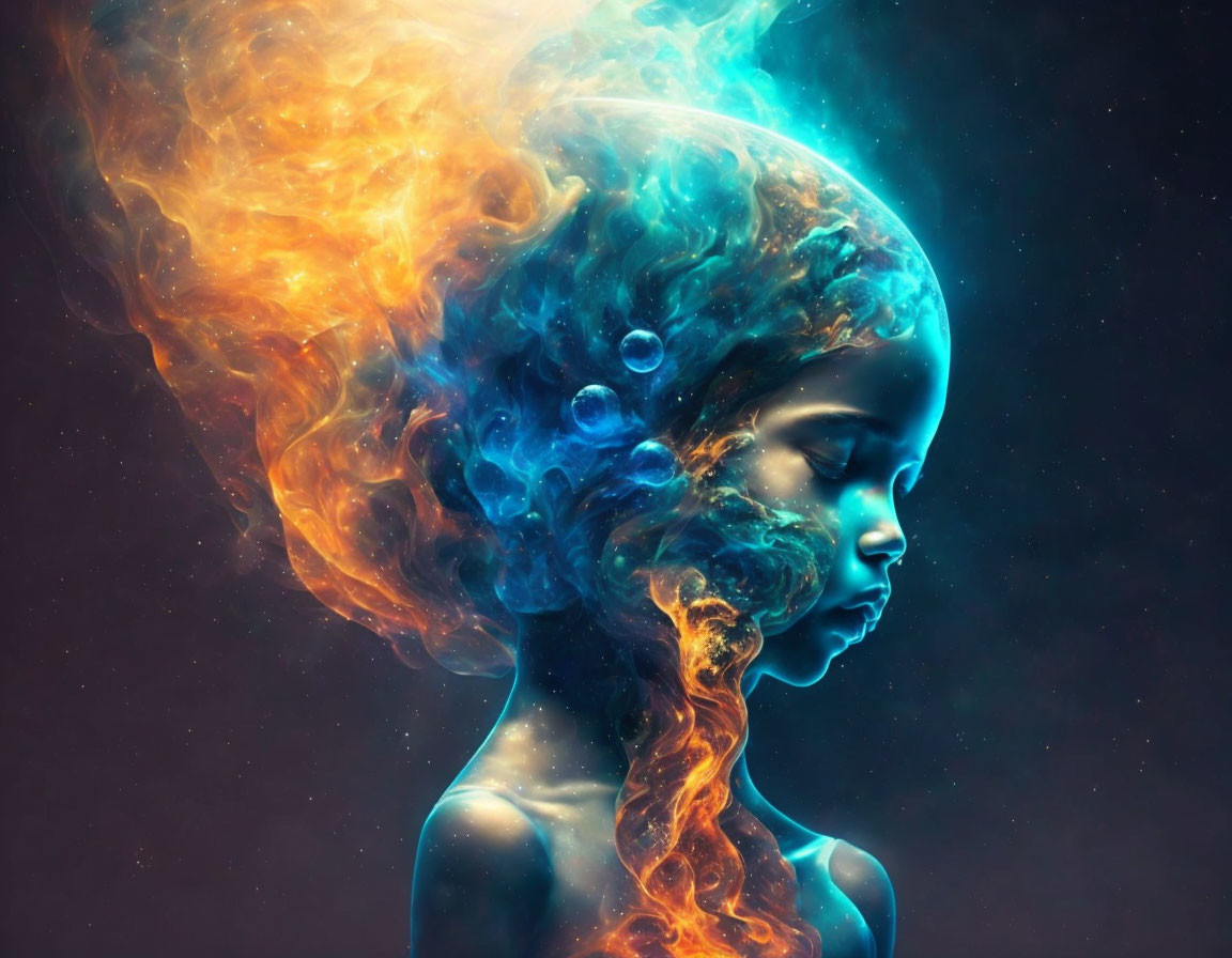 Surreal artwork: girl's profile with water and flames hair on dark background