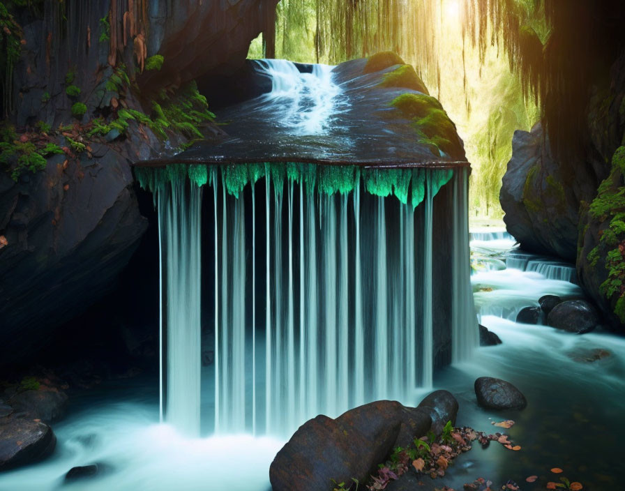 Tranquil waterfall cascading from moss-covered cliff