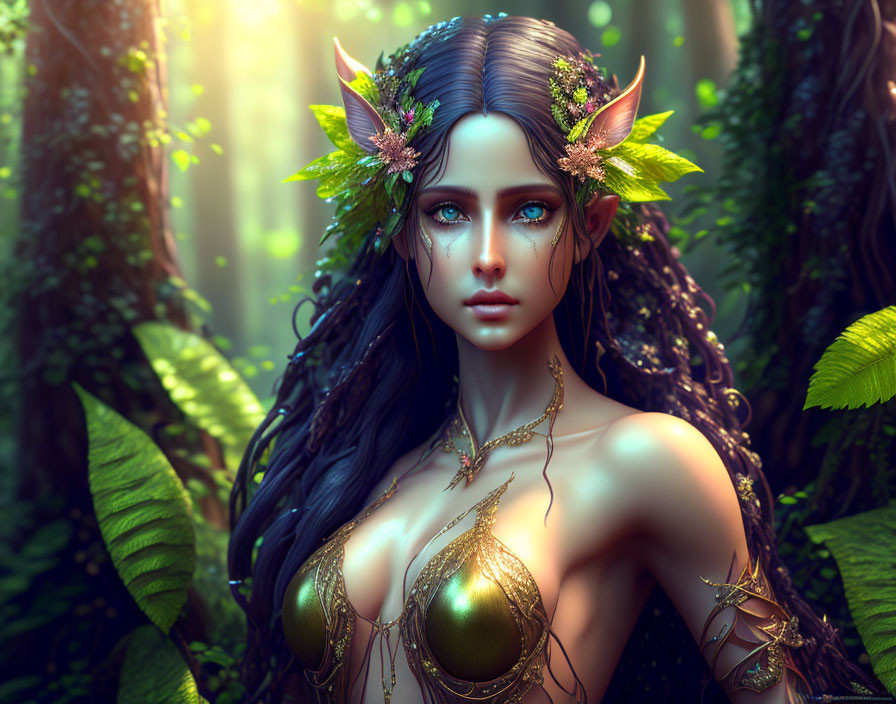 Female elf fantasy illustration in sunlit forest with leafy headdresses