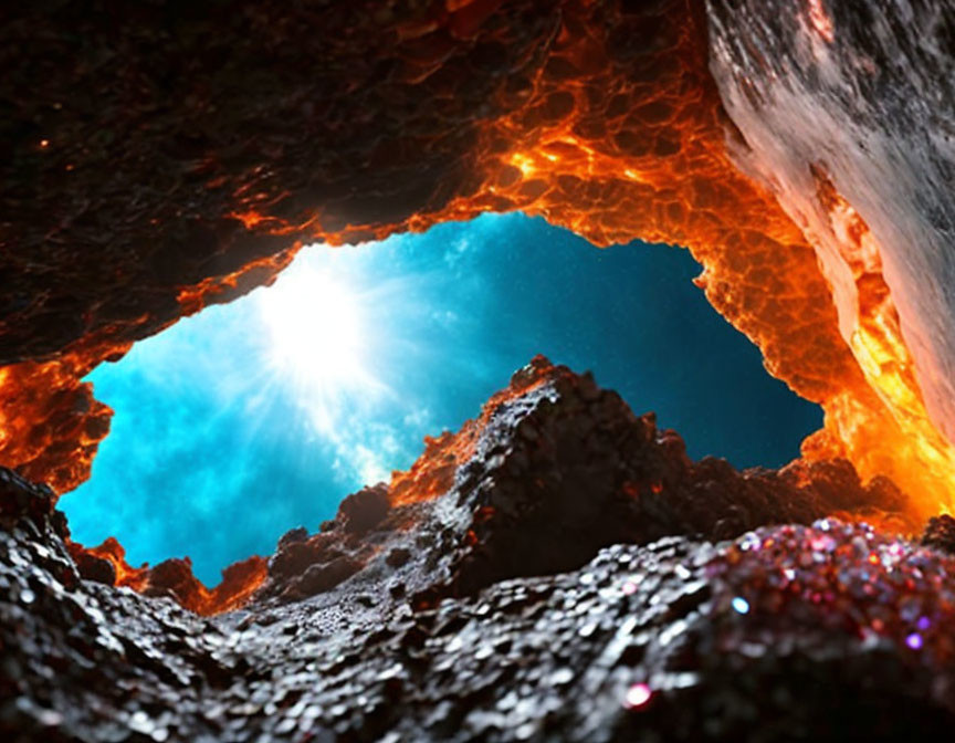 Vibrant cave interior with orange walls and blue light