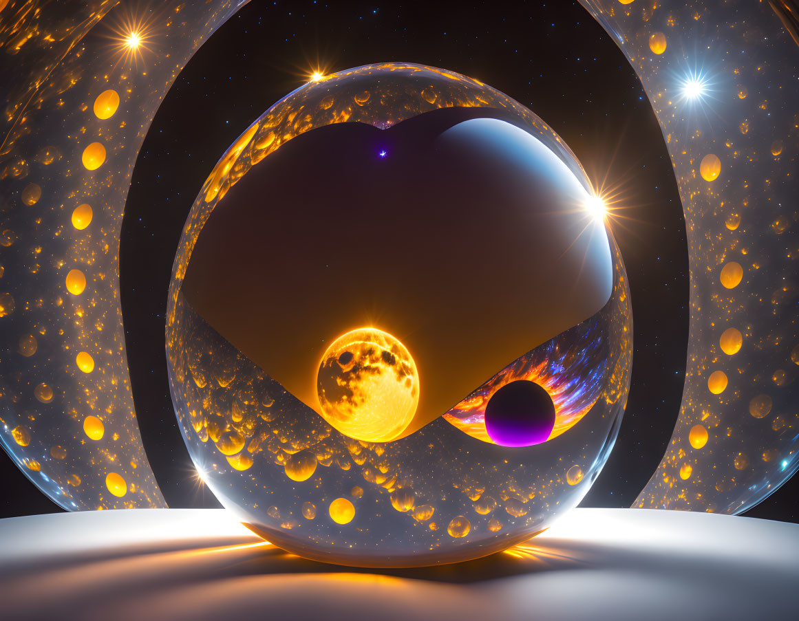 Surreal cosmic landscape with glowing orbs and celestial bodies