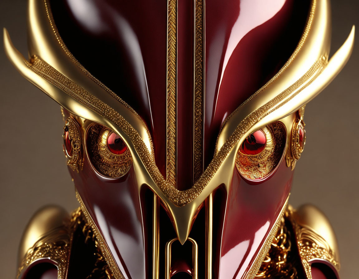 Detailed Golden-Red Helmet with Glowing Red Eyes