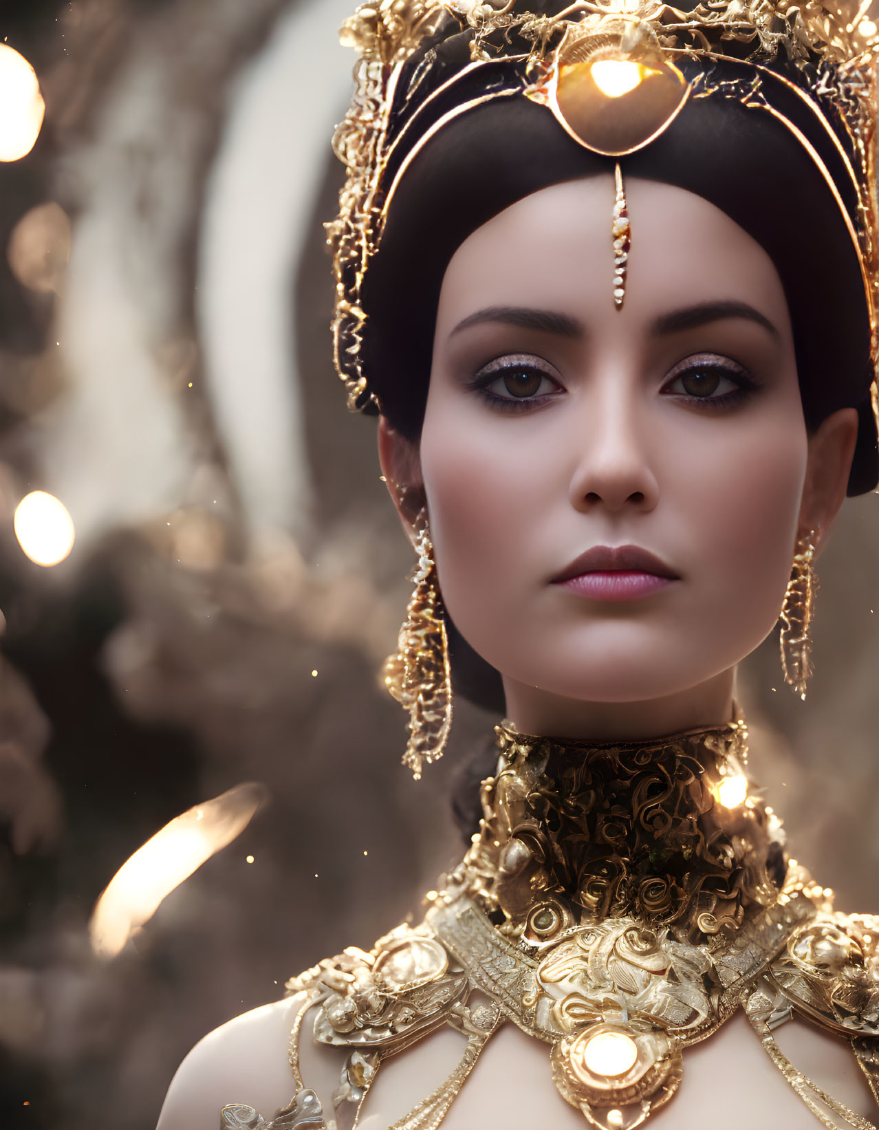 Regal woman in golden jewelry against glowing backdrop