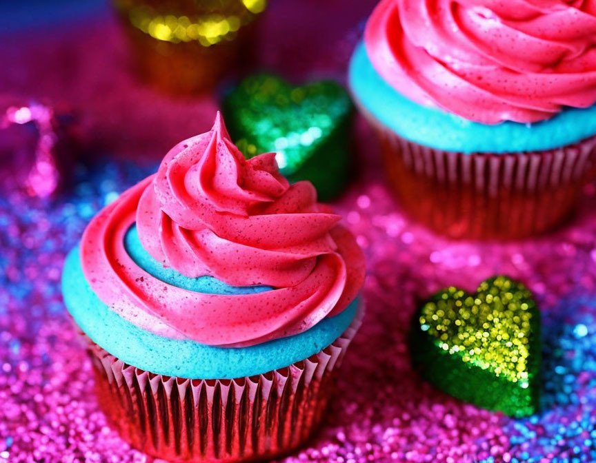 Vibrant Cupcake with Pink Frosting on Glittery Background