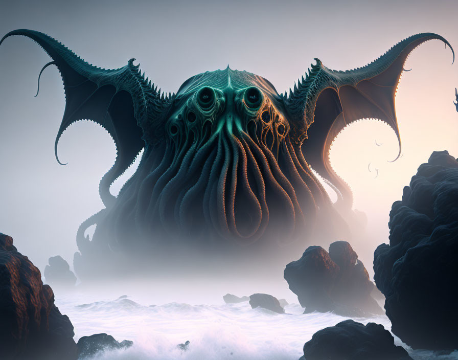 Fantastical creature with multiple eyes and tentacles in misty rocky terrain