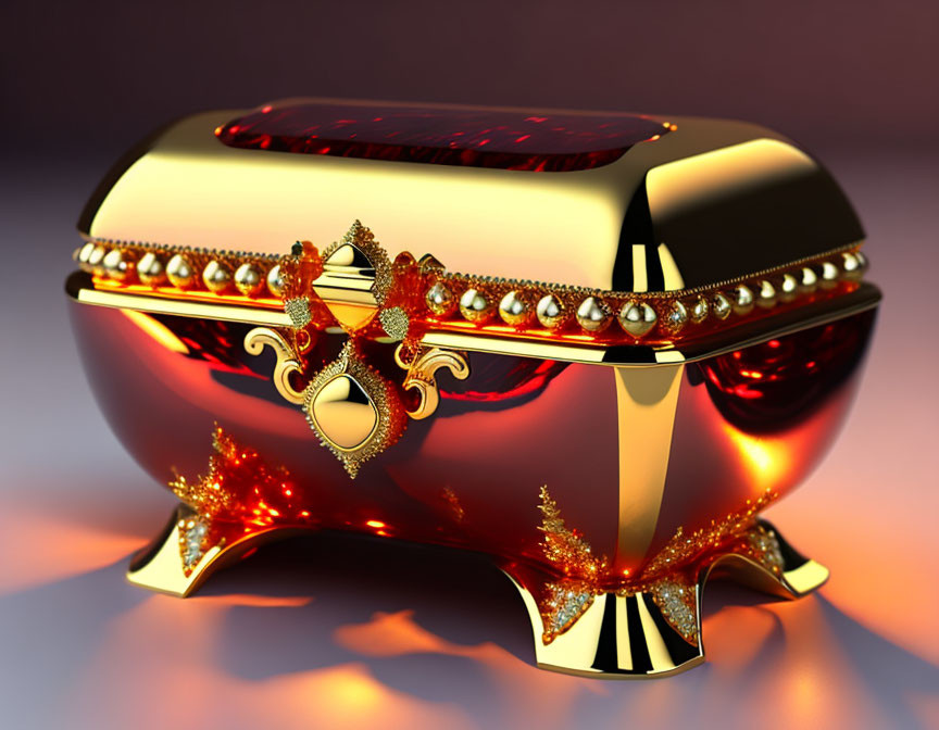 Golden Casket with Red Gemstone Accents on Reflective Background