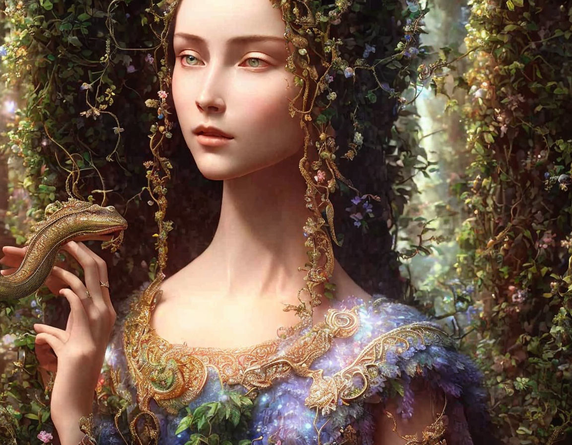 Digital artwork: Fair-skinned woman with green eyes holding golden snake in enchanted forest