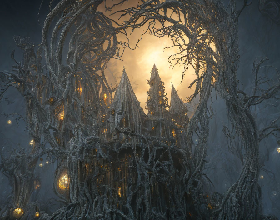 Gothic castle scene with twisted trees under glowing moon