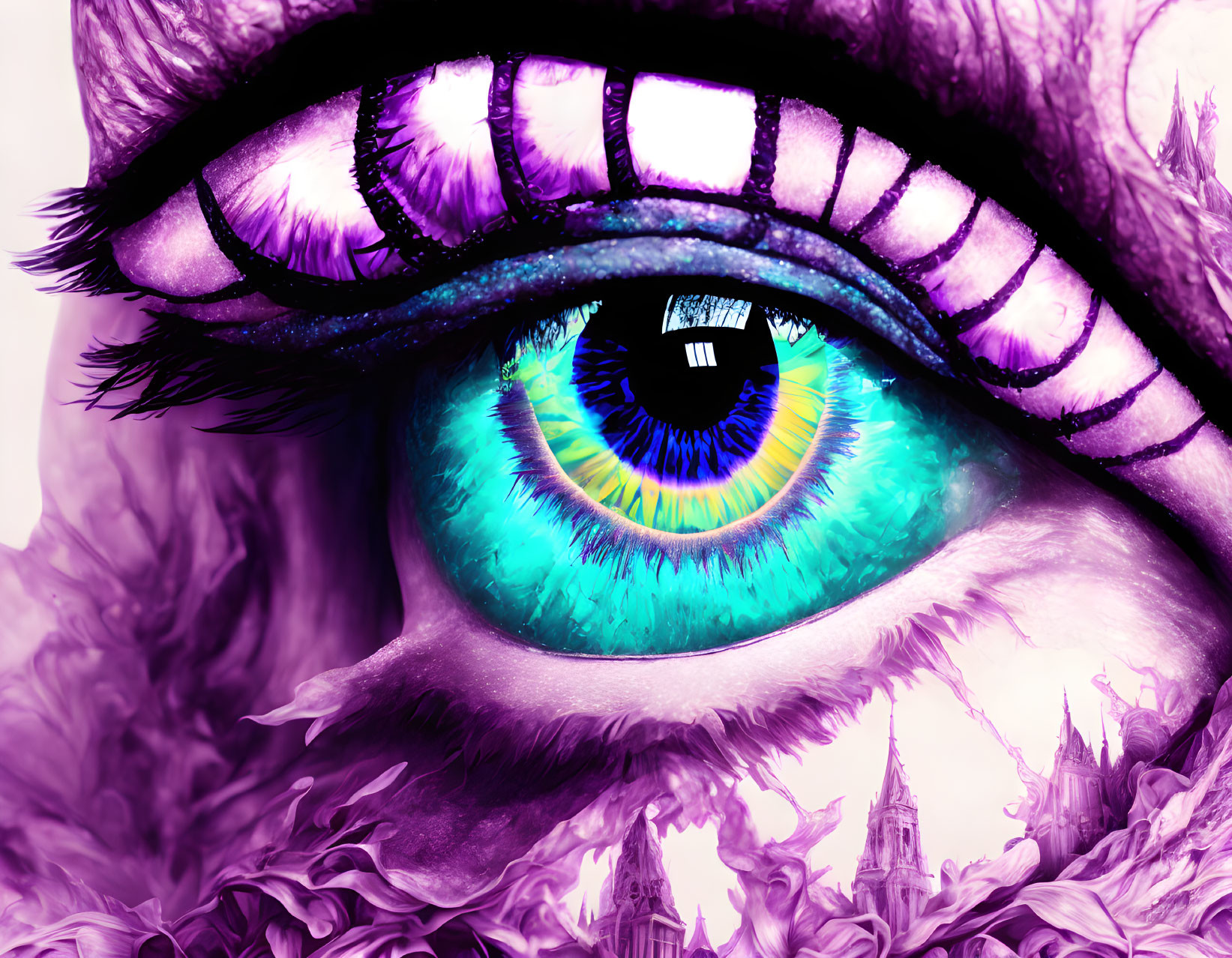 Detailed close-up illustration of a colorful eye against a fantasy backdrop