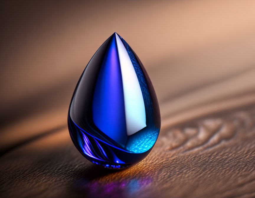 Blue Glass Droplet Sculpture Reflecting Light and Shadow