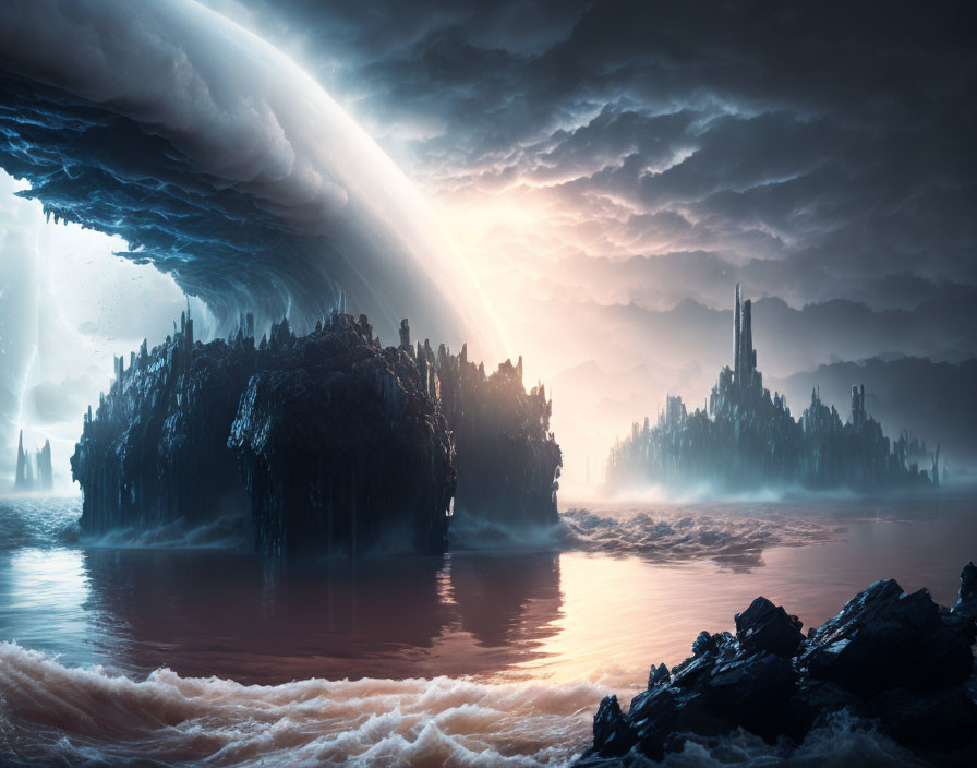 Fantastical landscape with towering ice formation and futuristic city by misty sea