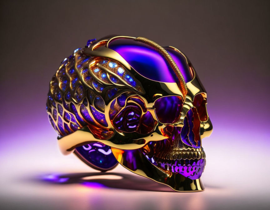 Intricate golden skull with gemstone inlays under purple and orange lighting