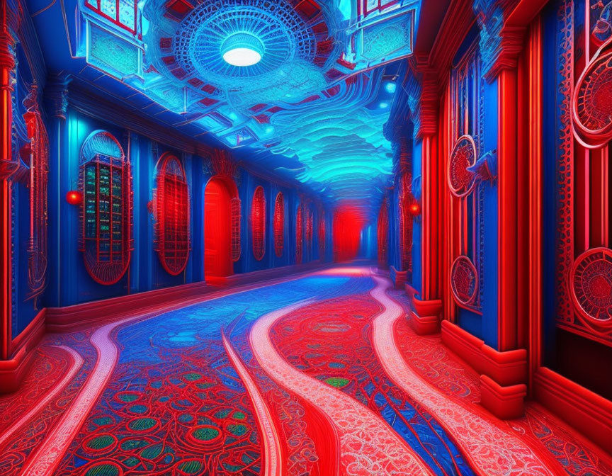 Ornate red and blue patterned corridor with arched doorways and elegant lighting