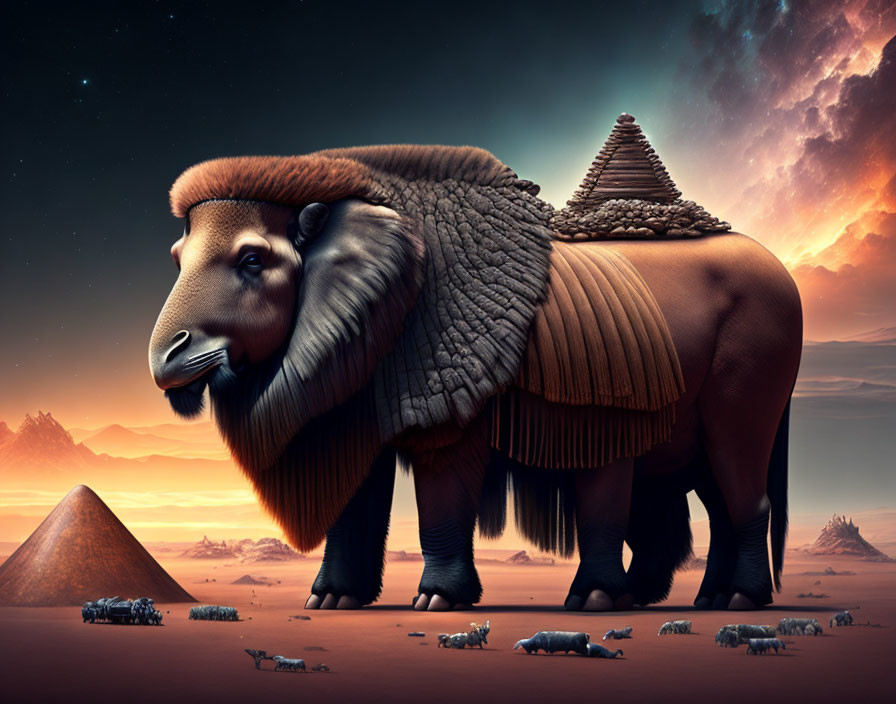 Majestic woolly mammoth-like creature with pyramid on back in desert landscape under cosmic sky