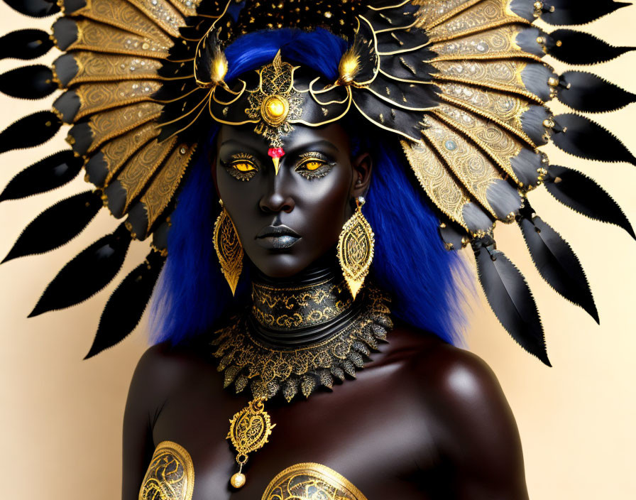 Blue-skinned person with vibrant blue hair in elaborate headdress and jewelry