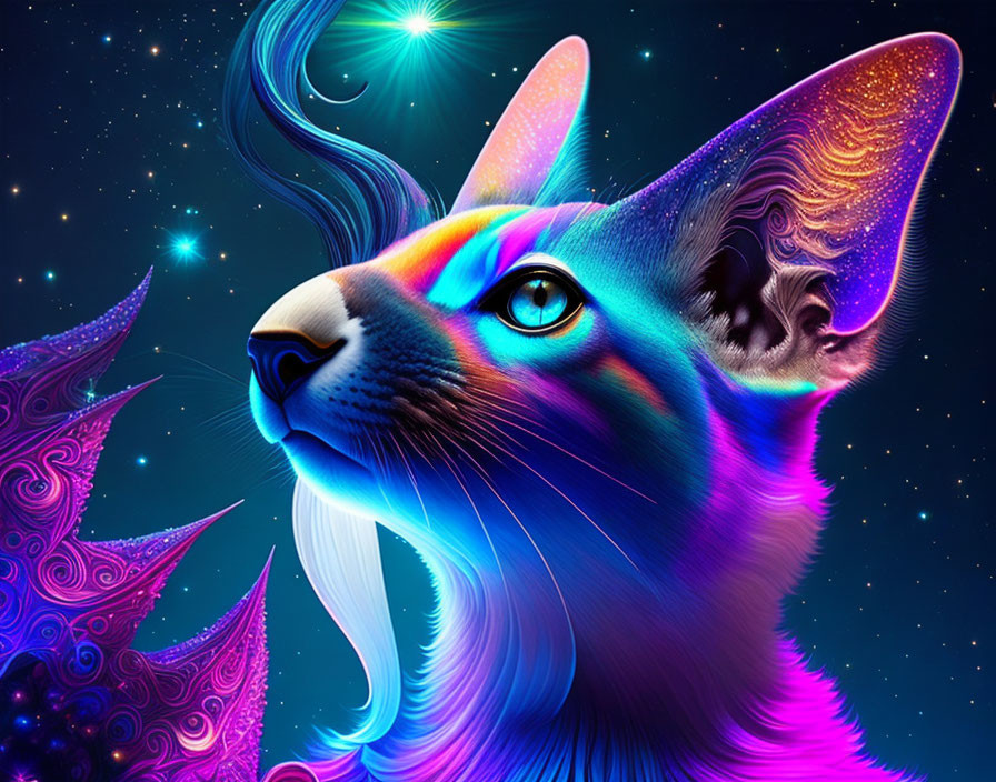 Colorful Cosmic Cat Artwork with Neon Colors and Ethereal Elements