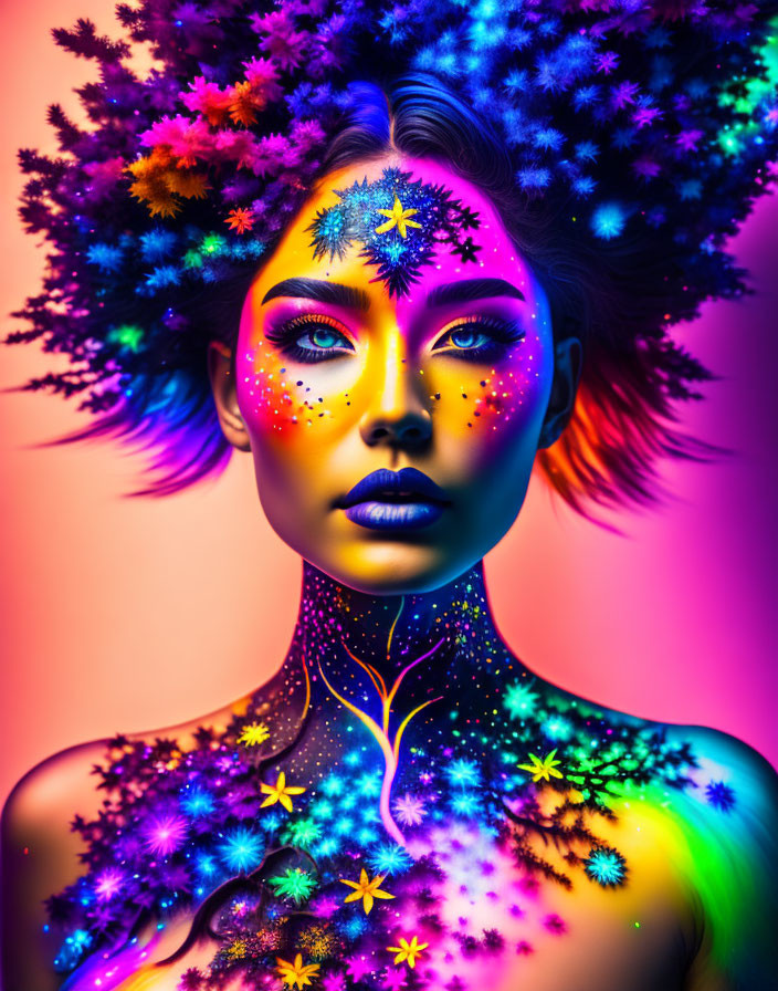 Colorful portrait of woman with fluorescent body paint and cosmic nature themes on purple background