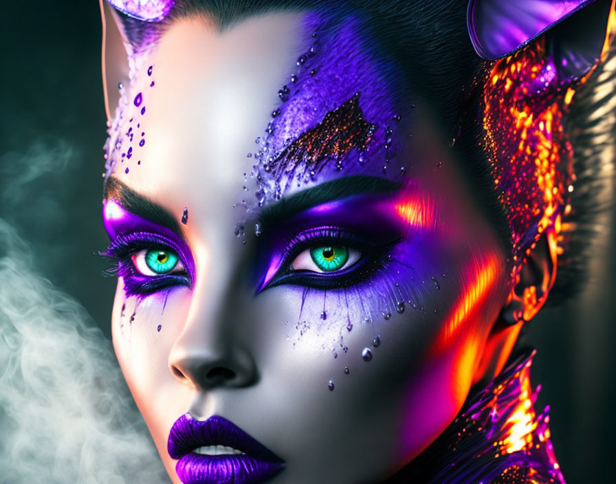 Portrait of a person with cat-like features and purple hues.