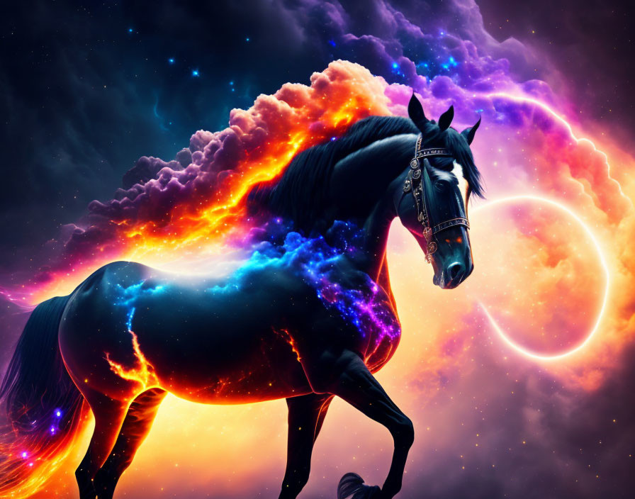 Majestic black horse with cosmic nebula effect in vibrant space.