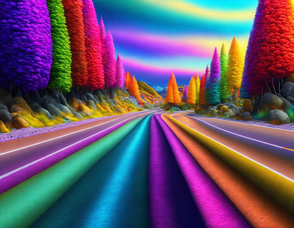 Vibrant multicolored road in surreal landscape