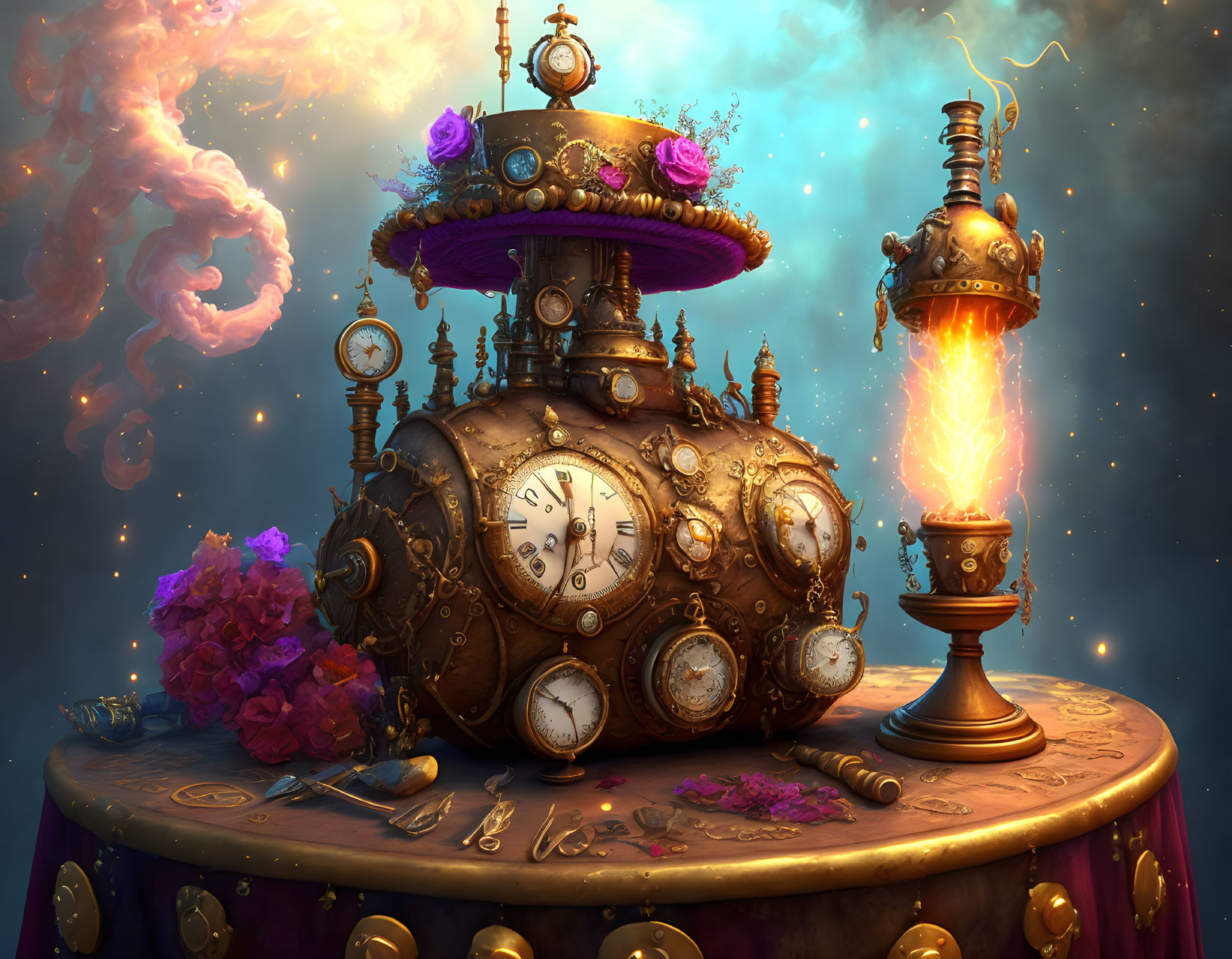 Steampunk submarine with clock faces and gears in mystical setting