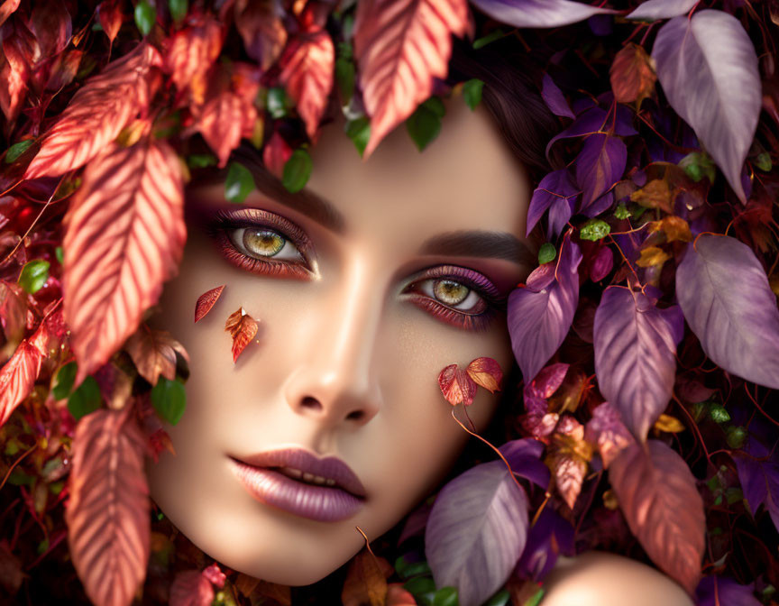 Woman's face in vibrant autumn leaves with green eyes and purple lips