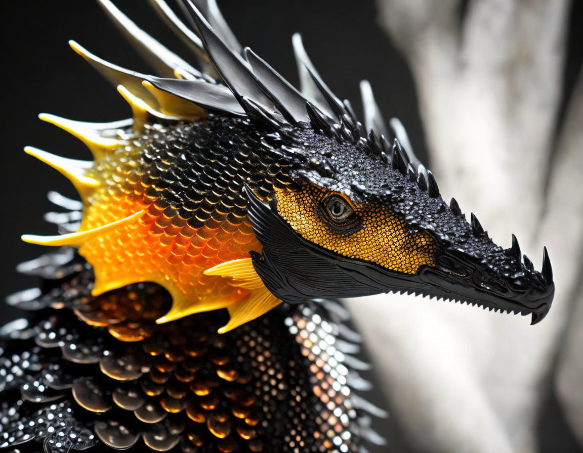 Detailed Dragon Head Sculpture with Spikes, Intricate Scales, and Piercing Eyes