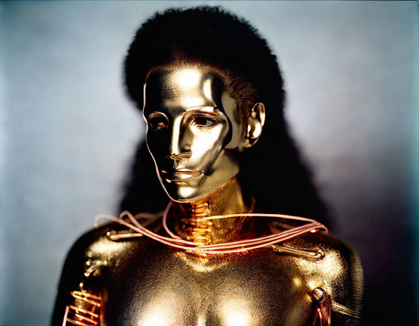 Gold and silver body paint with wire accents in dramatic lighting.