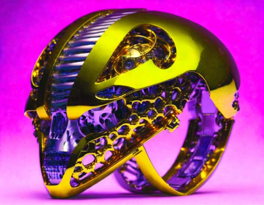 Futuristic golden helmet with intricate patterns on purple background