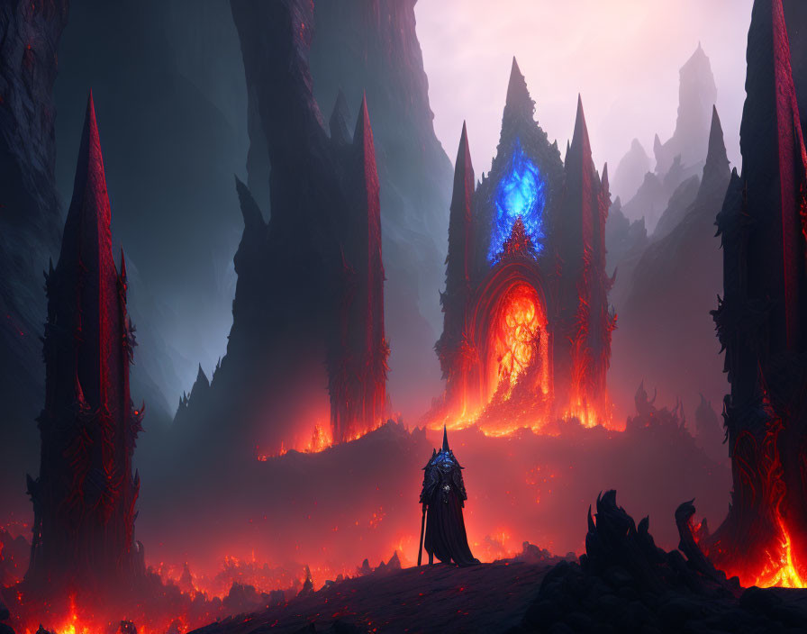 Armored figure in fiery landscape with luminous gate