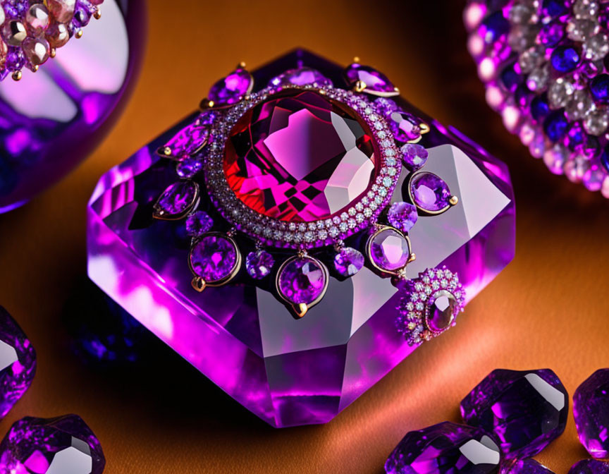 Purple Gemstone Ring with Red Stone and Diamonds on Reflective Surface