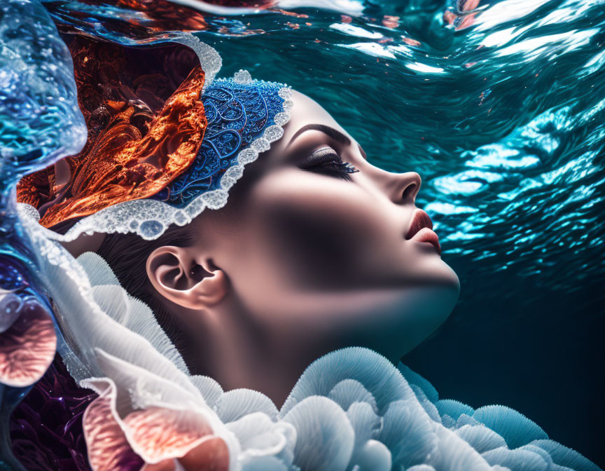 Ornate headwear woman serenely underwater with light and shadows