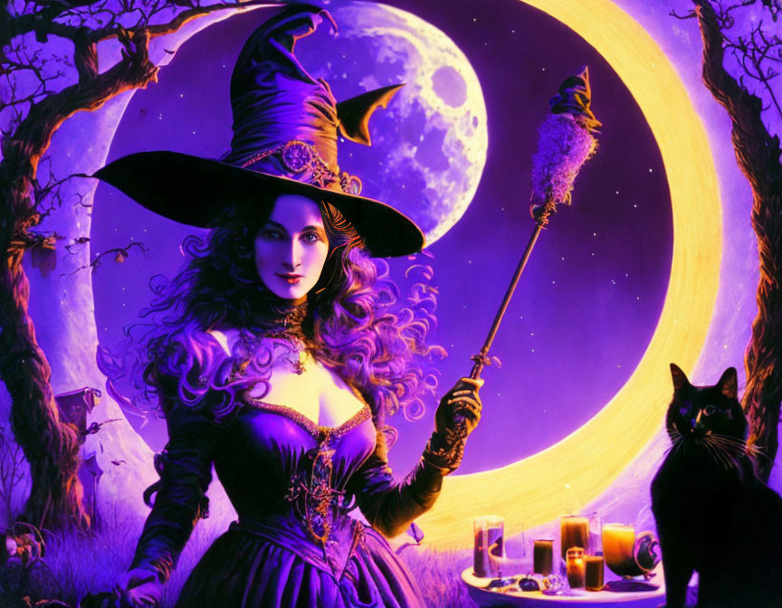 Woman in witch costume with black cat, broomstick, full moon, and purple night sky.