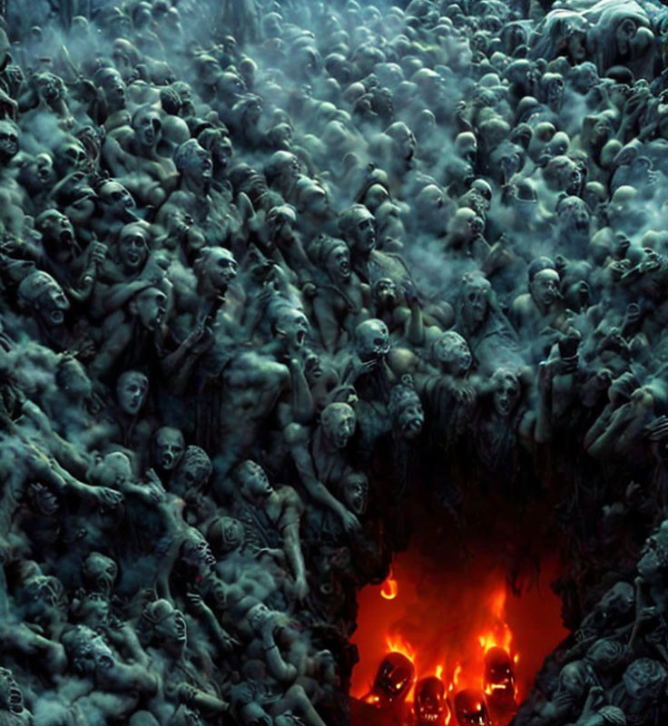 Gray tormented faces above fiery abyss.