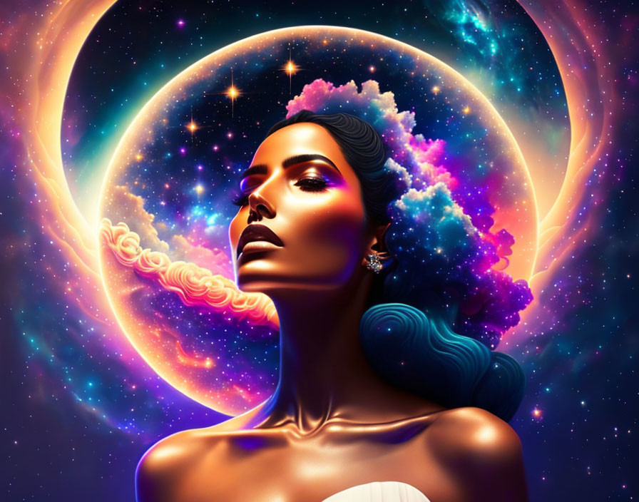 Cosmic-themed stylized portrait of a woman with luminous moon crown