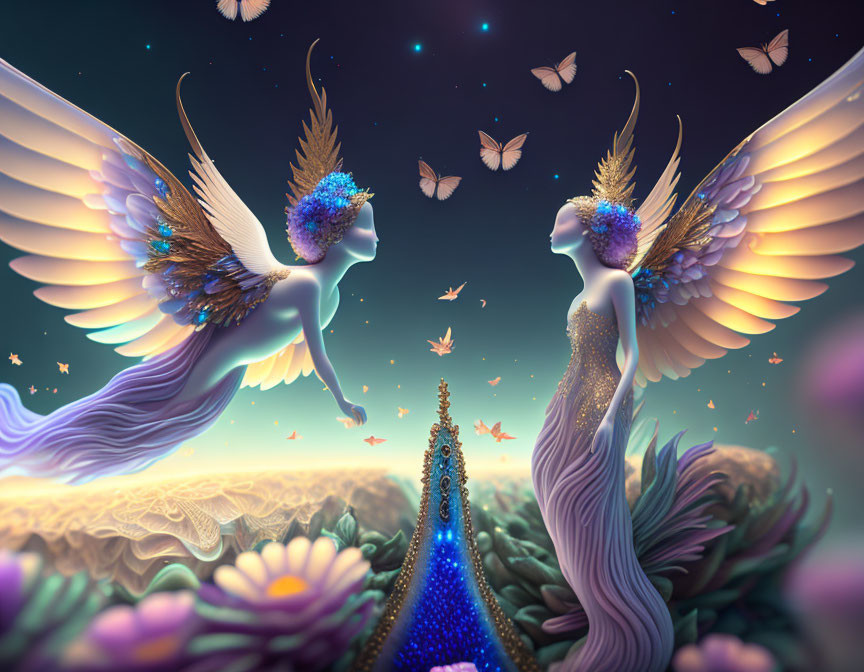 Ethereal winged beings in magical starry sky with butterflies.