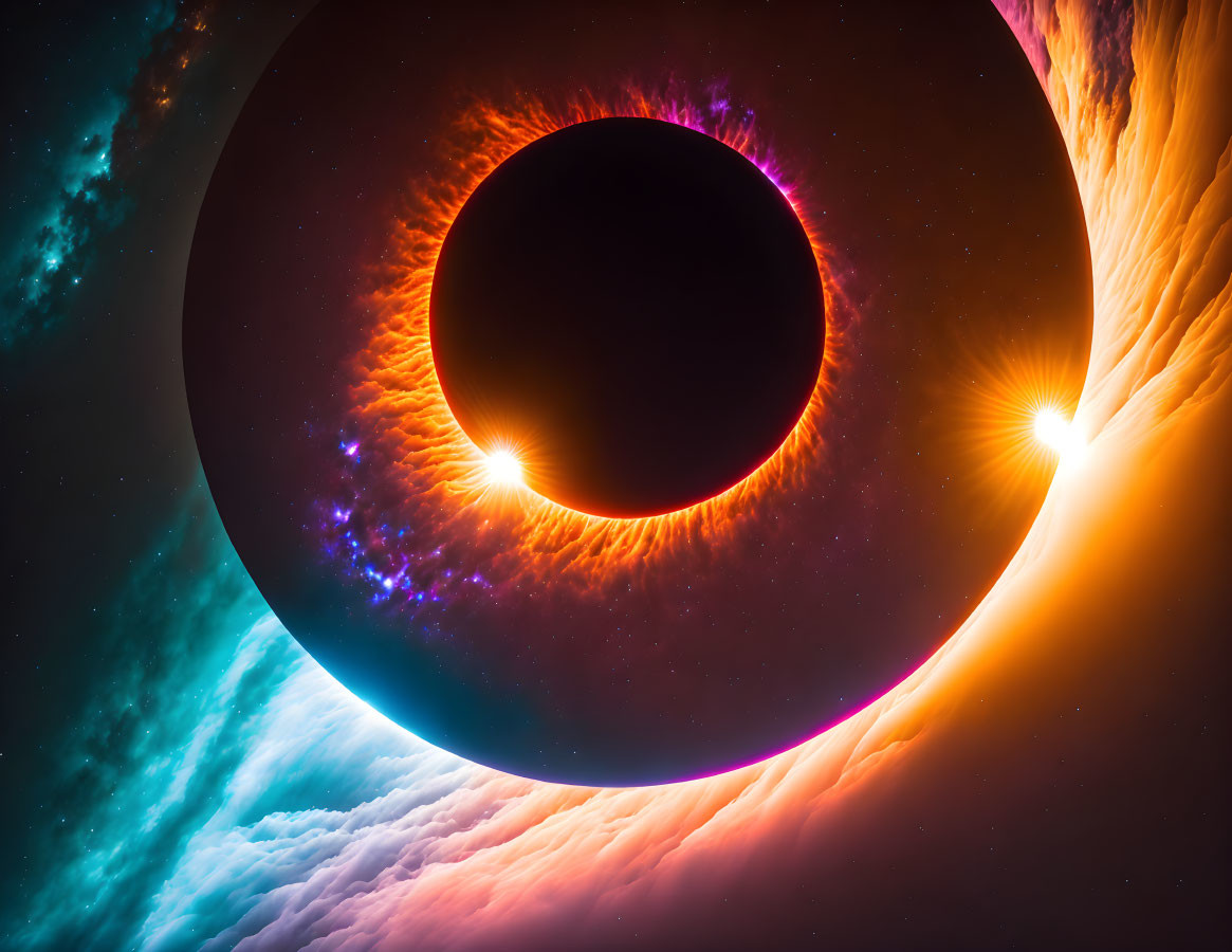 Vibrant digital artwork: Cosmic event with celestial bodies in eclipse