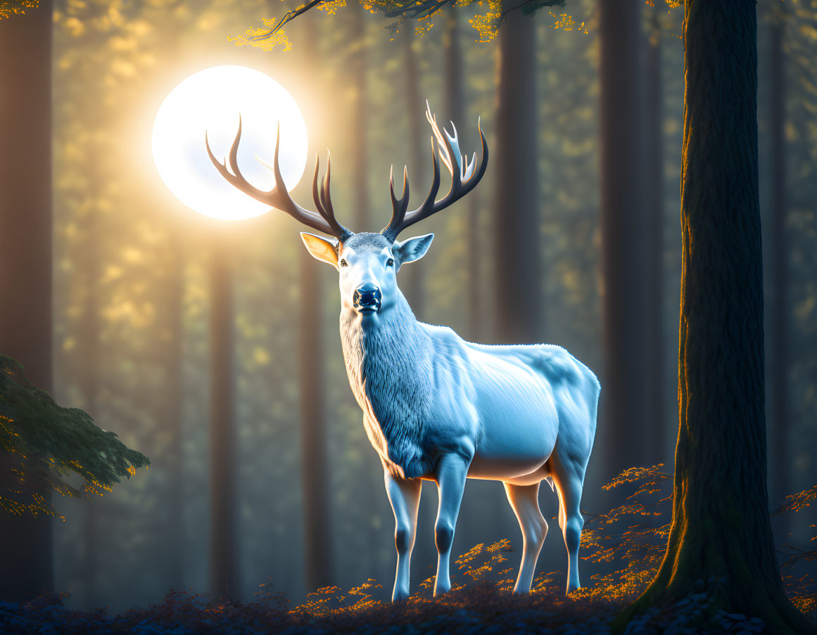 White deer with antlers in sunlit forest at sunset