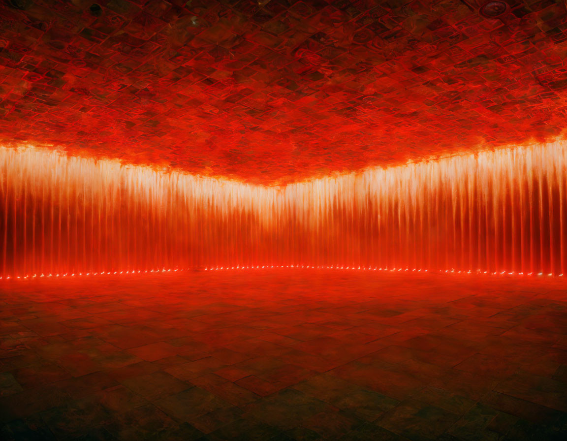 Red-Lit Room with Hanging Lights and Converging Walls