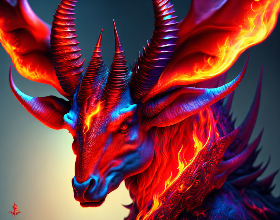 Fiery Blue Dragon with Red Horns and Flames on Dark Background