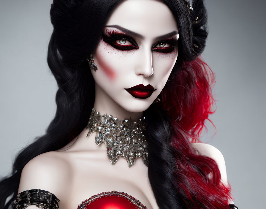 Stylized portrait of female with dramatic red and black makeup and flowing red hair