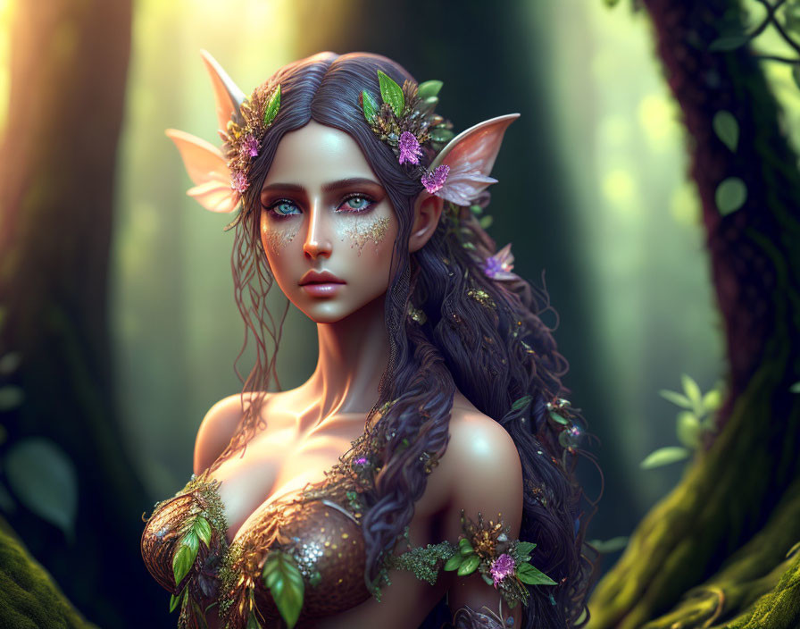 Ethereal forest elf in leaf armor with flower crown in mystical woodland