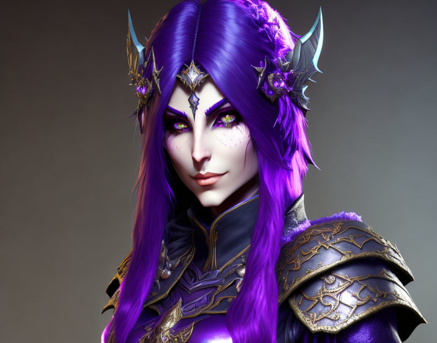 Purple-haired fantasy character in ornate armor and gem-studded crown.