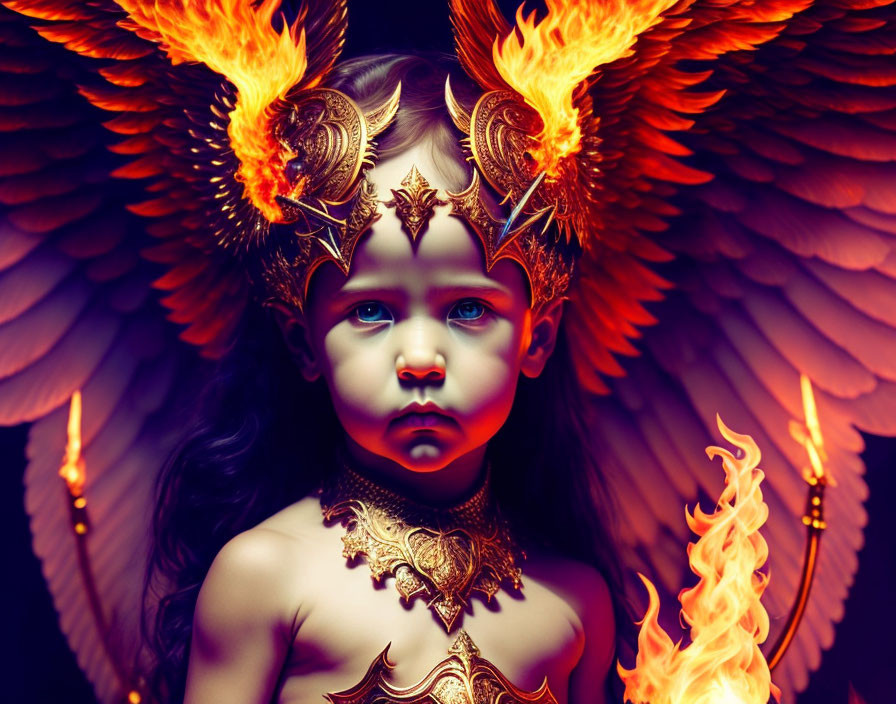 Child portrait with fiery wings, ornate armor, and mystical gaze